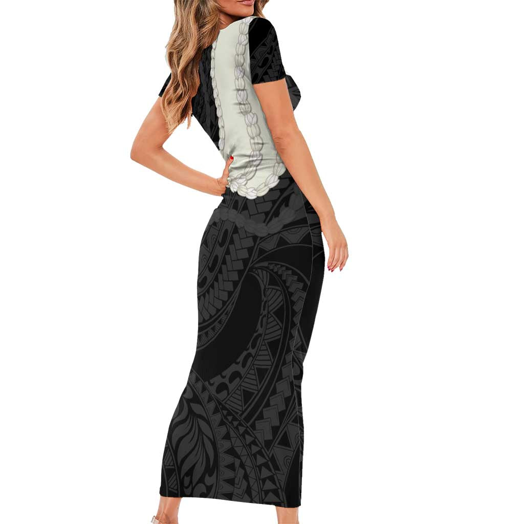 Black Polynesia Tribal Octopus Tattoo Family Matching Short Sleeve Bodycon Dress and Hawaiian Shirt Pikake Lei Polynesian Pattern