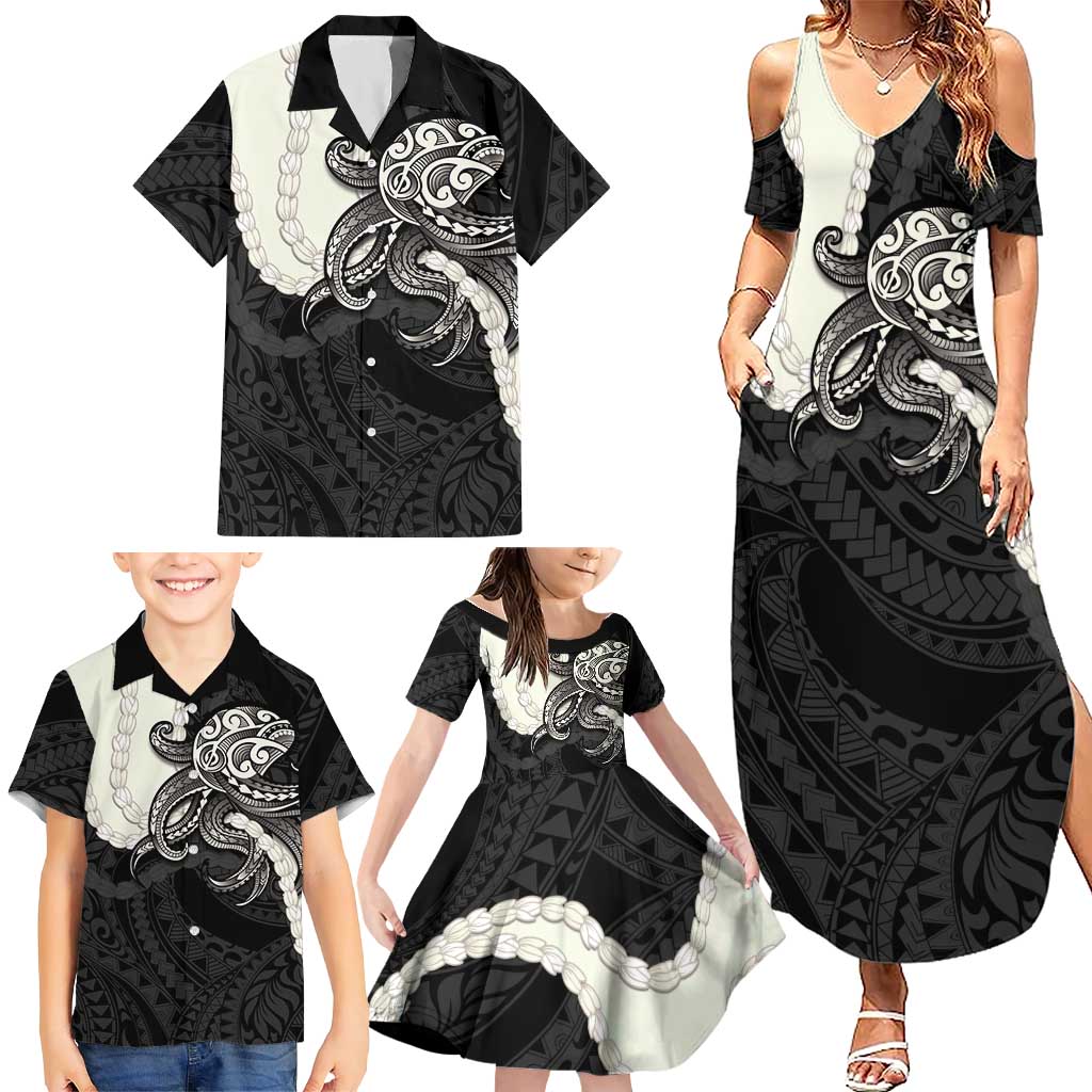 Black Polynesia Tribal Octopus Tattoo Family Matching Summer Maxi Dress and Hawaiian Shirt Pikake Lei Polynesian Pattern