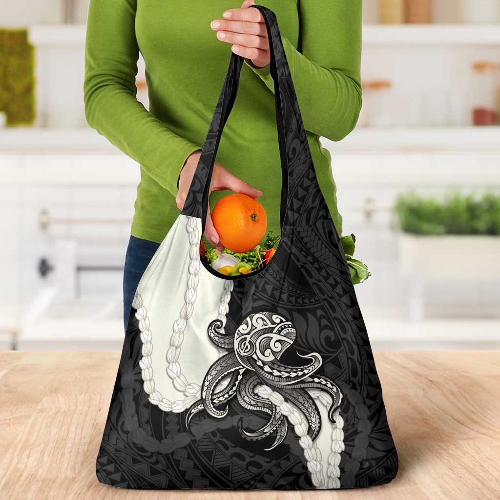 Black Polynesia Tribal Octopus Tattoo Grocery Bag Pikake Lei Polynesian Pattern