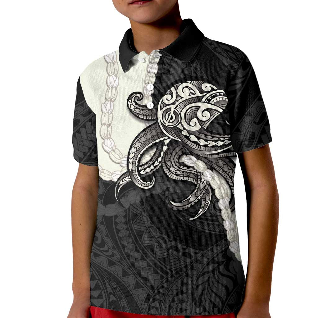 Black Polynesia Tribal Octopus Tattoo Kid Polo Shirt Pikake Lei Polynesian Pattern