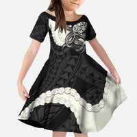 Black Polynesia Tribal Octopus Tattoo Kid Short Sleeve Dress Pikake Lei Polynesian Pattern