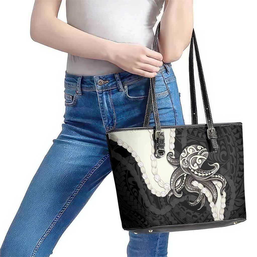 Black Polynesia Tribal Octopus Tattoo Leather Tote Bag Pikake Lei Polynesian Pattern