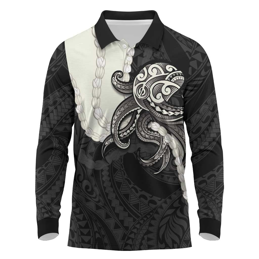 Black Polynesia Tribal Octopus Tattoo Long Sleeve Polo Shirt Pikake Lei Polynesian Pattern