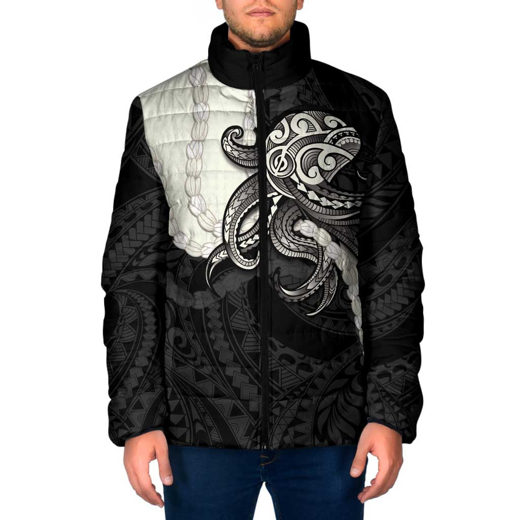Black Polynesia Tribal Octopus Tattoo Padded Jacket Pikake Lei Polynesian Pattern