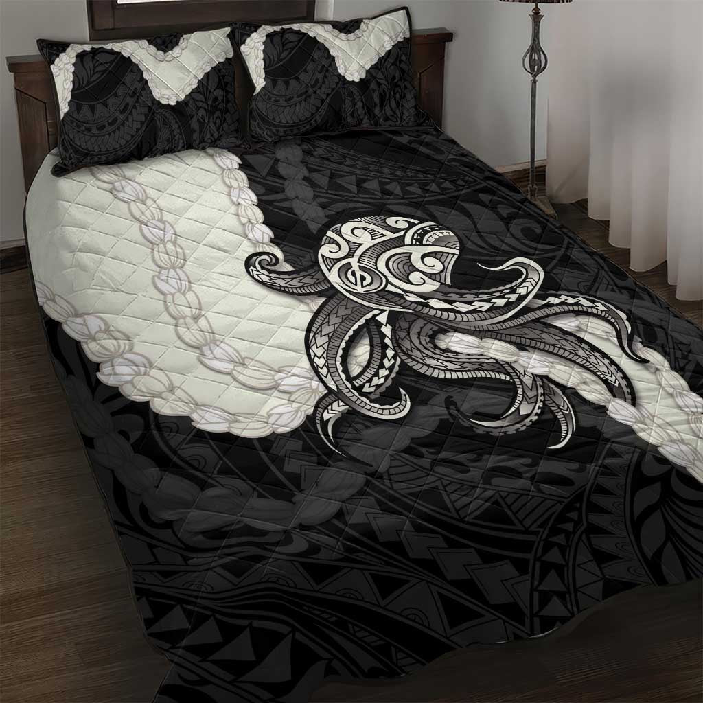 Black Polynesia Tribal Octopus Tattoo Quilt Bed Set Pikake Lei Polynesian Pattern