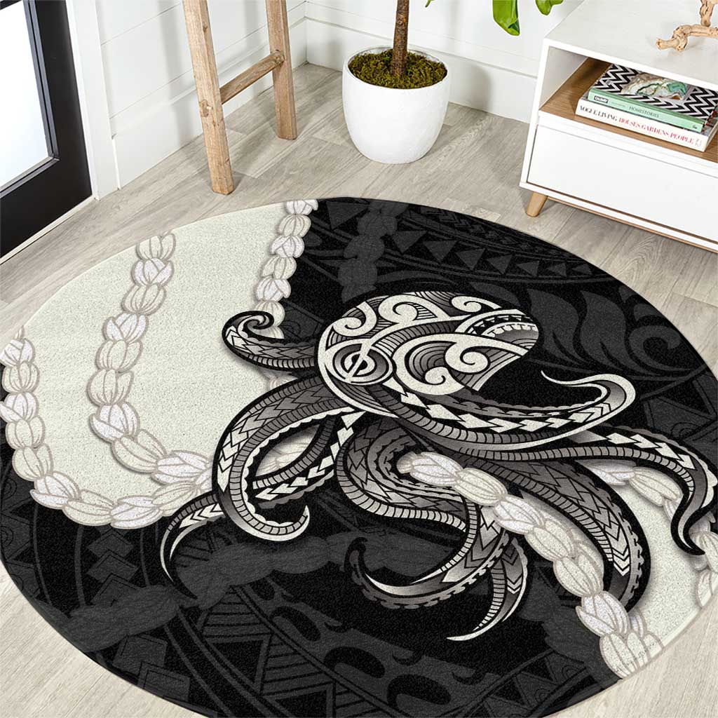 Black Polynesia Tribal Octopus Tattoo Round Carpet Pikake Lei Polynesian Pattern