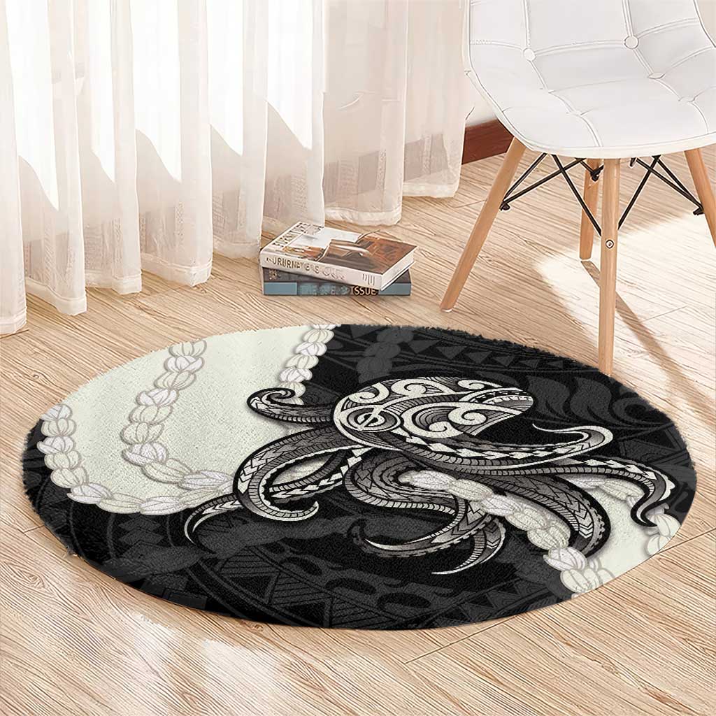 Black Polynesia Tribal Octopus Tattoo Round Carpet Pikake Lei Polynesian Pattern