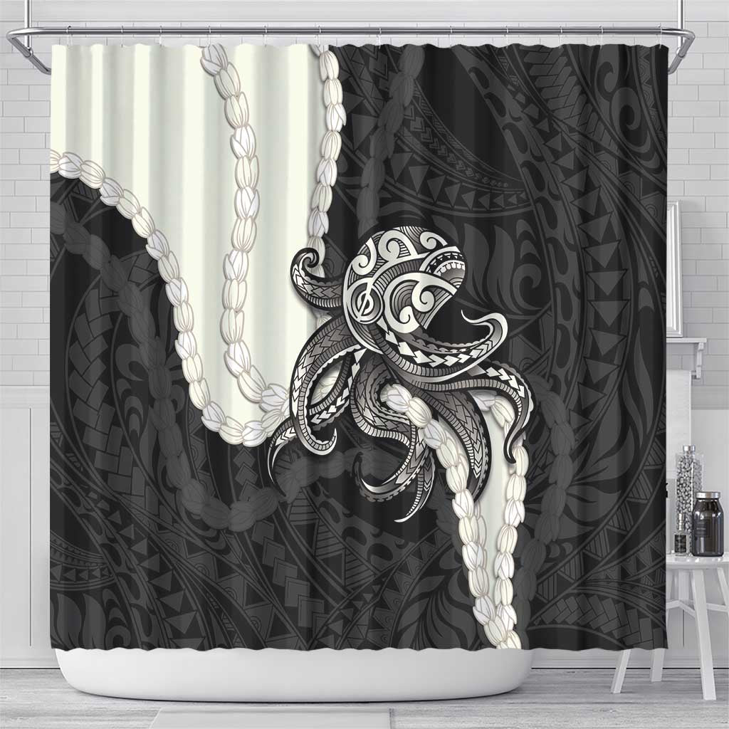 Black Polynesia Tribal Octopus Tattoo Shower Curtain Pikake Lei Polynesian Pattern