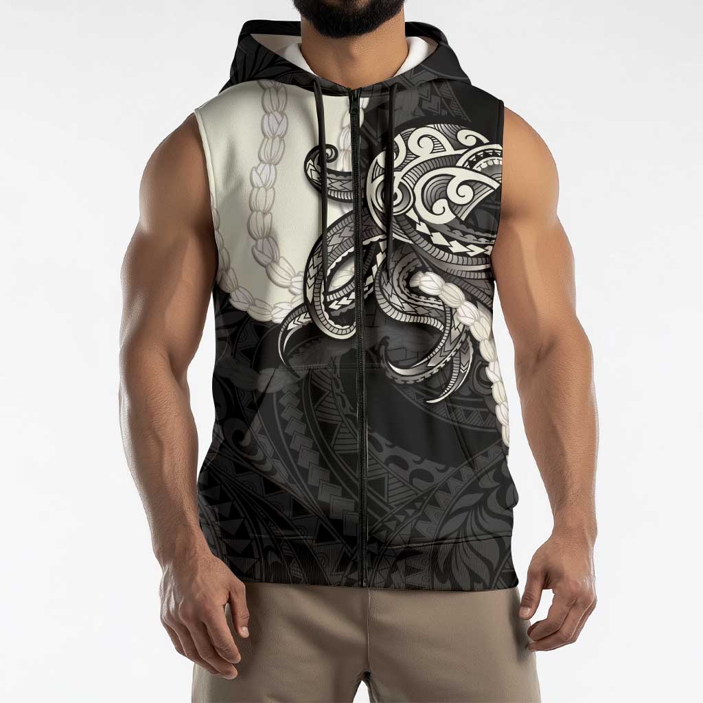 Black Polynesia Tribal Octopus Tattoo Sleeveless Zip Hoodie Pikake Lei Polynesian Pattern