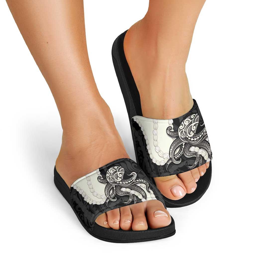 Black Polynesia Tribal Octopus Tattoo Slide Sandals Pikake Lei Polynesian Pattern
