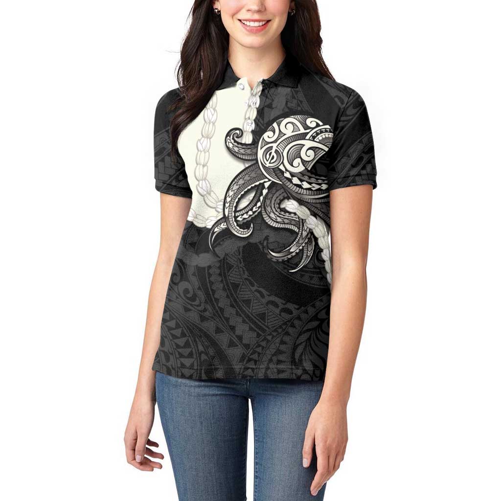 Black Polynesia Tribal Octopus Tattoo Women Polo Shirt Pikake Lei Polynesian Pattern