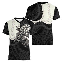 Black Polynesia Tribal Octopus Tattoo Women V-Neck T-Shirt Pikake Lei Polynesian Pattern