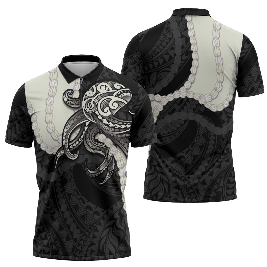 Black Polynesia Tribal Octopus Tattoo Zipper Polo Shirt Pikake Lei Polynesian Pattern