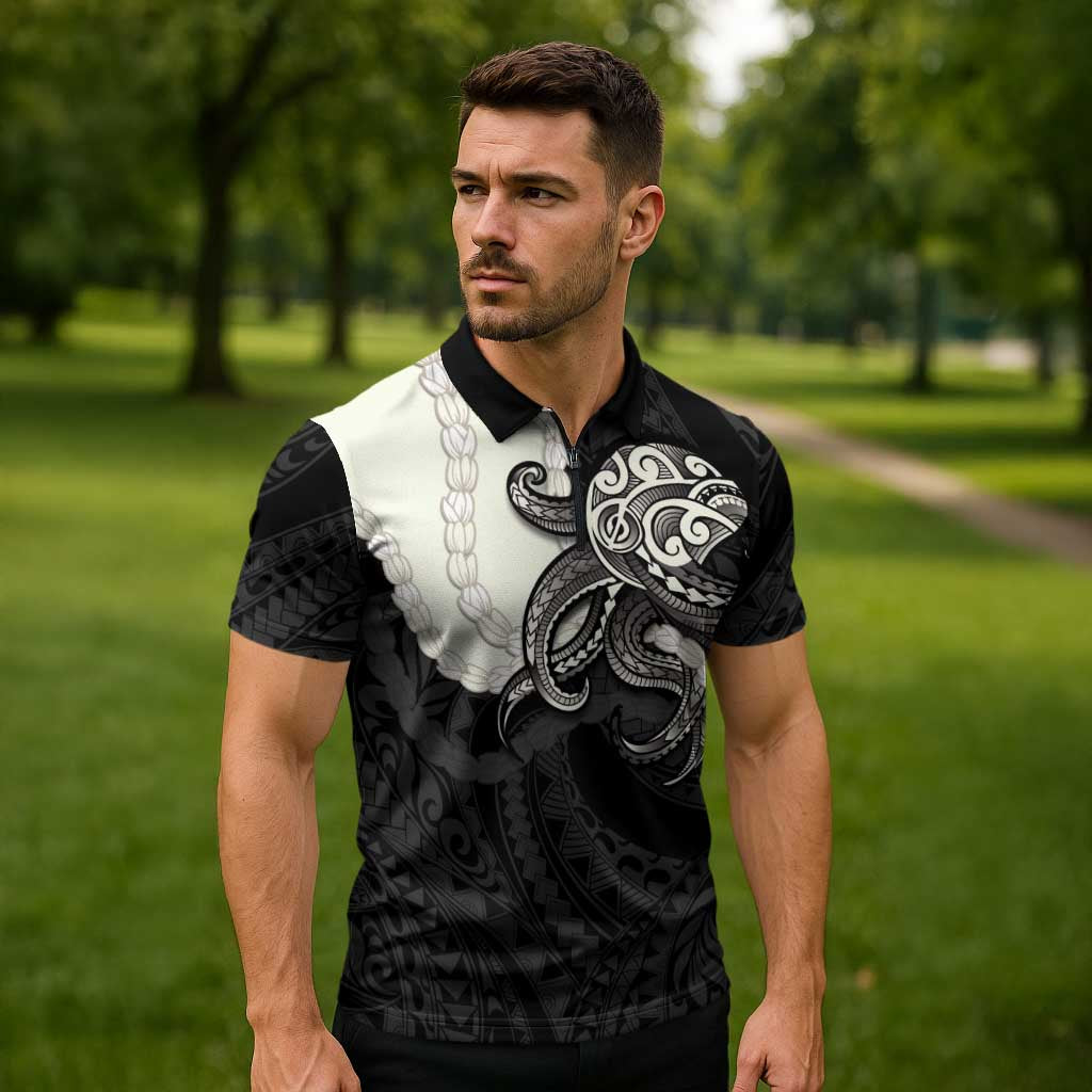 Black Polynesia Tribal Octopus Tattoo Zipper Polo Shirt Pikake Lei Polynesian Pattern
