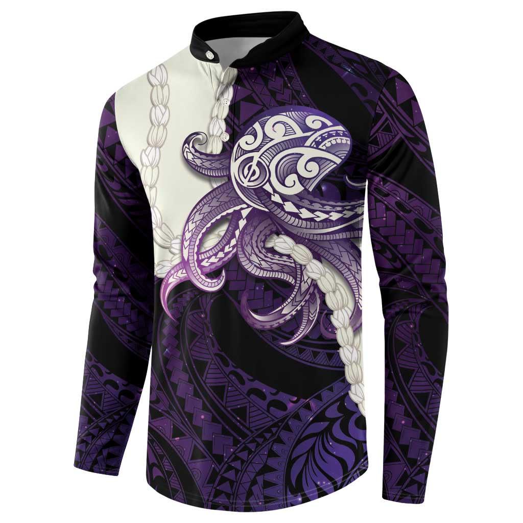 Purple Galaxy Polynesia Tribal Octopus Tattoo Button Sweatshirt Pikake Lei Polynesian Pattern