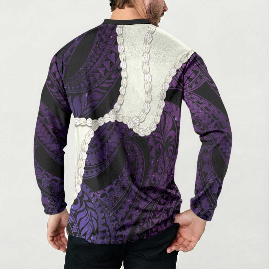 Purple Galaxy Polynesia Tribal Octopus Tattoo Button Sweatshirt Pikake Lei Polynesian Pattern