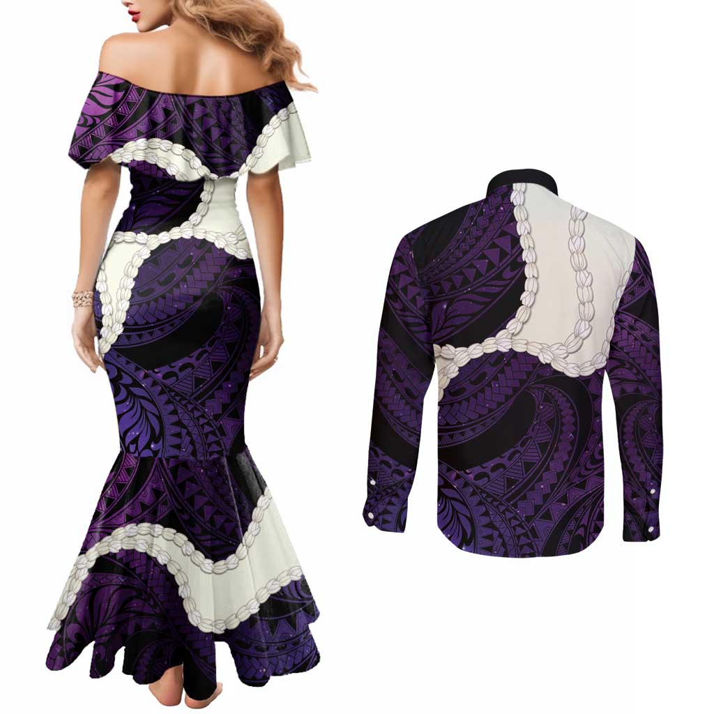 Purple Galaxy Polynesia Tribal Octopus Tattoo Couples Matching Mermaid Dress and Long Sleeve Button Shirt Pikake Lei Polynesian Pattern