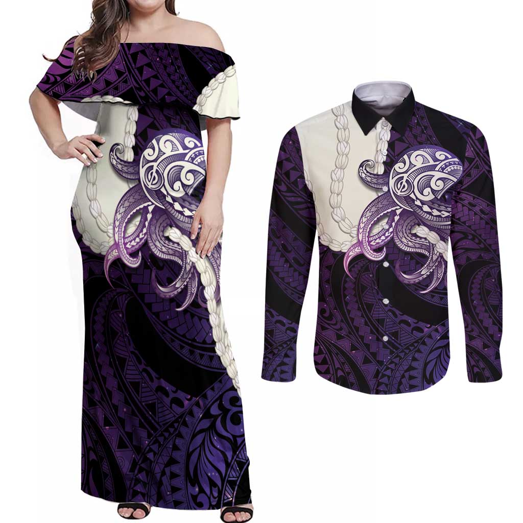 Purple Galaxy Polynesia Tribal Octopus Tattoo Couples Matching Off Shoulder Maxi Dress and Long Sleeve Button Shirt Pikake Lei Polynesian Pattern