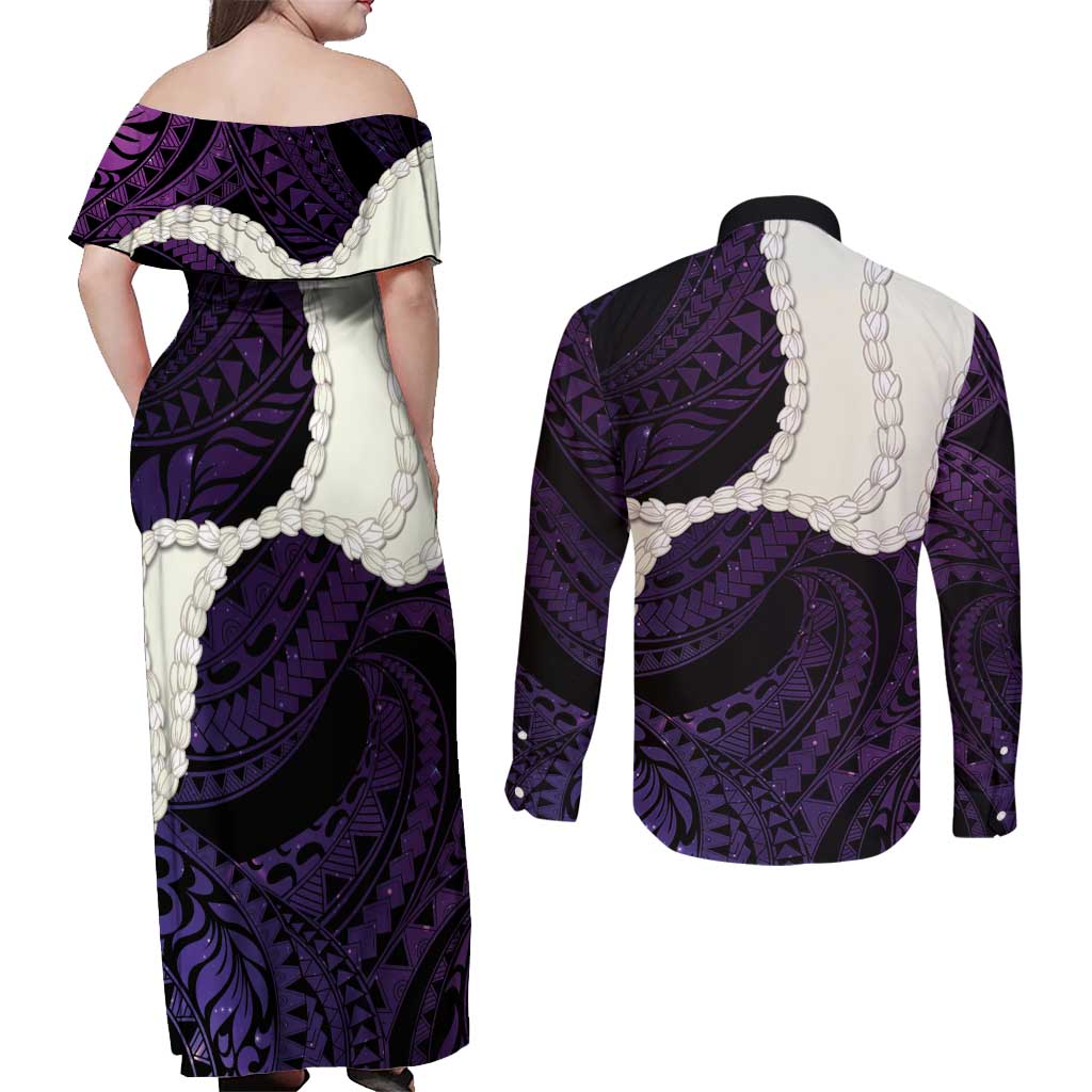 Purple Galaxy Polynesia Tribal Octopus Tattoo Couples Matching Off Shoulder Maxi Dress and Long Sleeve Button Shirt Pikake Lei Polynesian Pattern