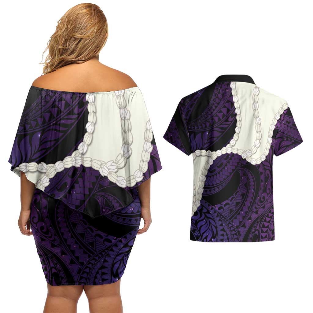 Purple Galaxy Polynesia Tribal Octopus Tattoo Couples Matching Off Shoulder Short Dress and Hawaiian Shirt Pikake Lei Polynesian Pattern