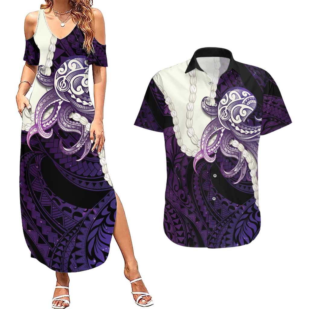 Purple Galaxy Polynesia Tribal Octopus Tattoo Couples Matching Summer Maxi Dress and Hawaiian Shirt Pikake Lei Polynesian Pattern