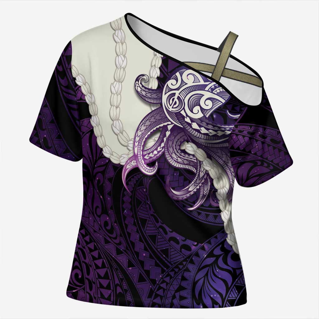 Purple Galaxy Polynesia Tribal Octopus Tattoo Cross Shoulder Shirt Pikake Lei Polynesian Pattern