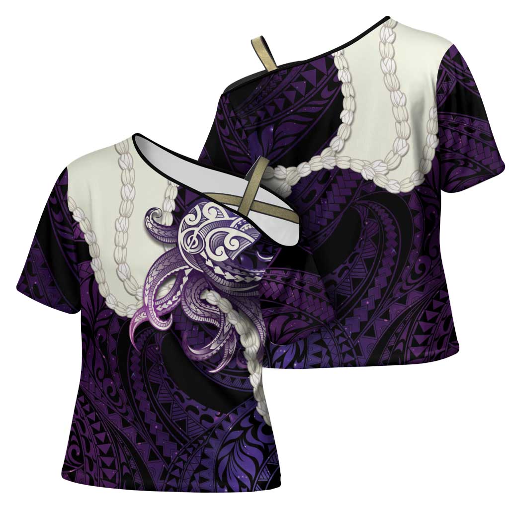 Purple Galaxy Polynesia Tribal Octopus Tattoo Cross Shoulder Shirt Pikake Lei Polynesian Pattern