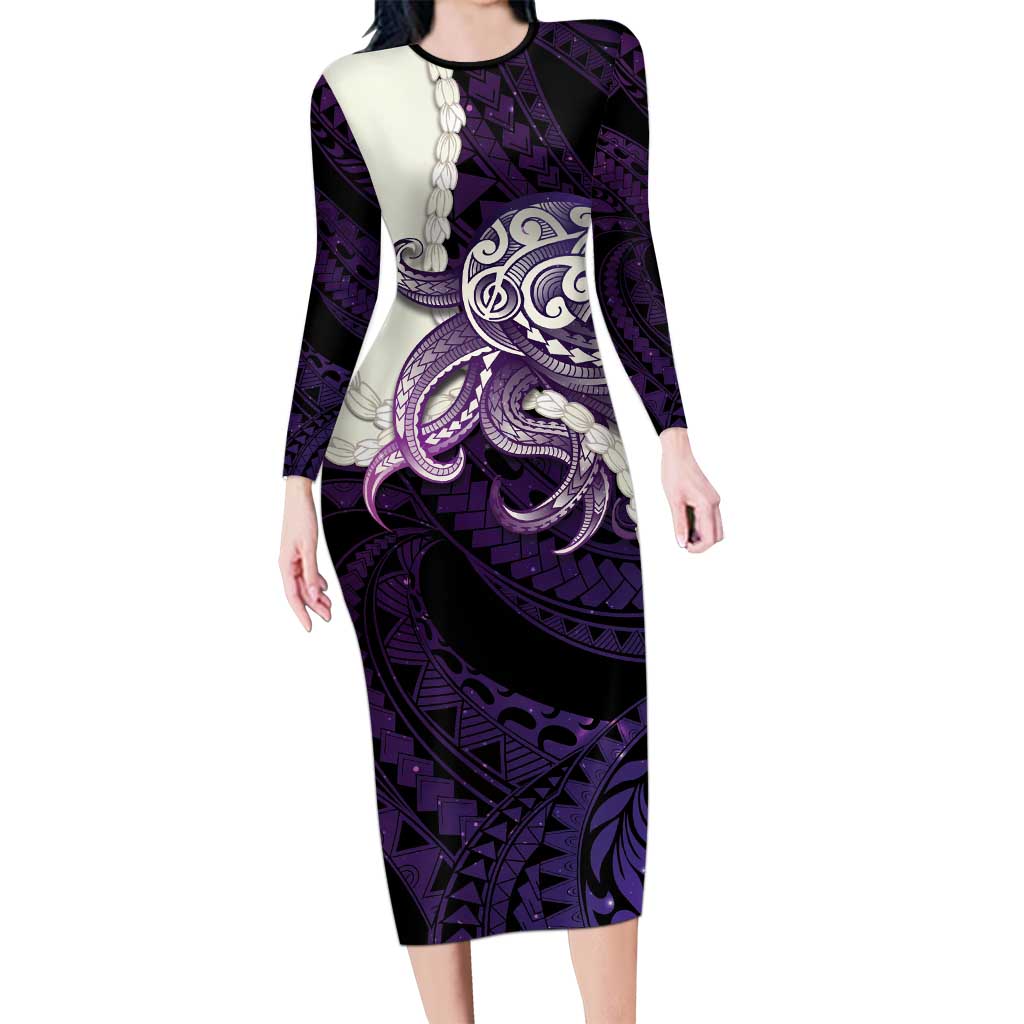 Purple Galaxy Polynesia Tribal Octopus Tattoo Family Matching Long Sleeve Bodycon Dress and Hawaiian Shirt Pikake Lei Polynesian Pattern LT14 Mom's Dress Purple - Polynesian Pride