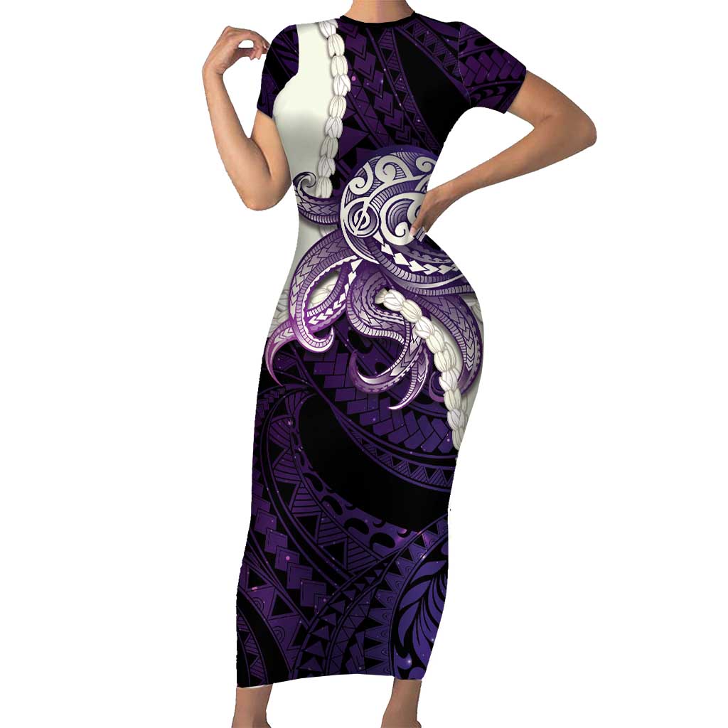 Purple Galaxy Polynesia Tribal Octopus Tattoo Family Matching Short Sleeve Bodycon Dress and Hawaiian Shirt Pikake Lei Polynesian Pattern LT14 Mom's Dress Purple - Polynesian Pride