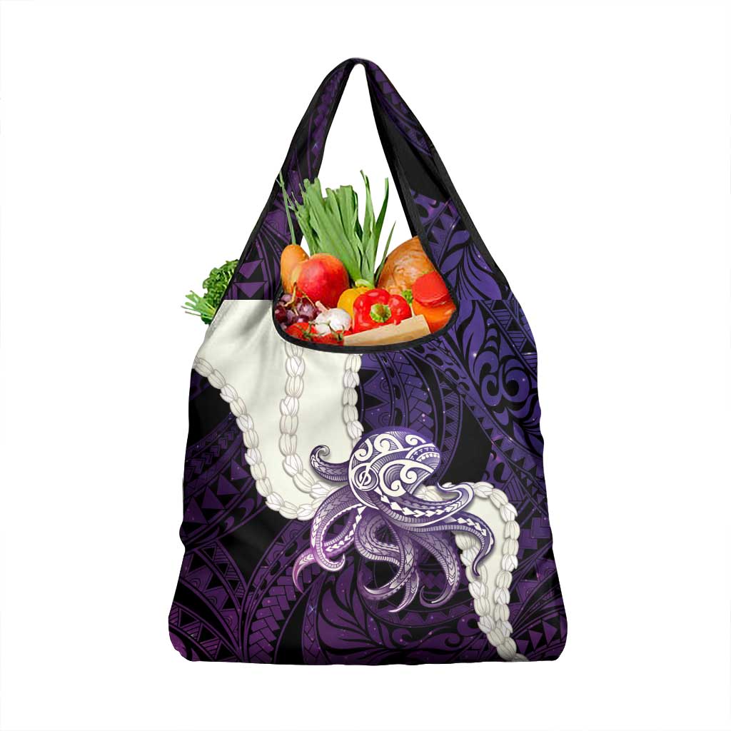 Purple Galaxy Polynesia Tribal Octopus Tattoo Grocery Bag Pikake Lei Polynesian Pattern