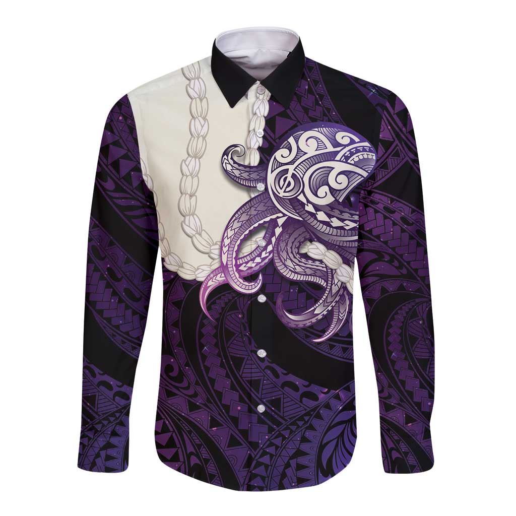 Purple Galaxy Polynesia Tribal Octopus Tattoo Long Sleeve Button Shirt Pikake Lei Polynesian Pattern