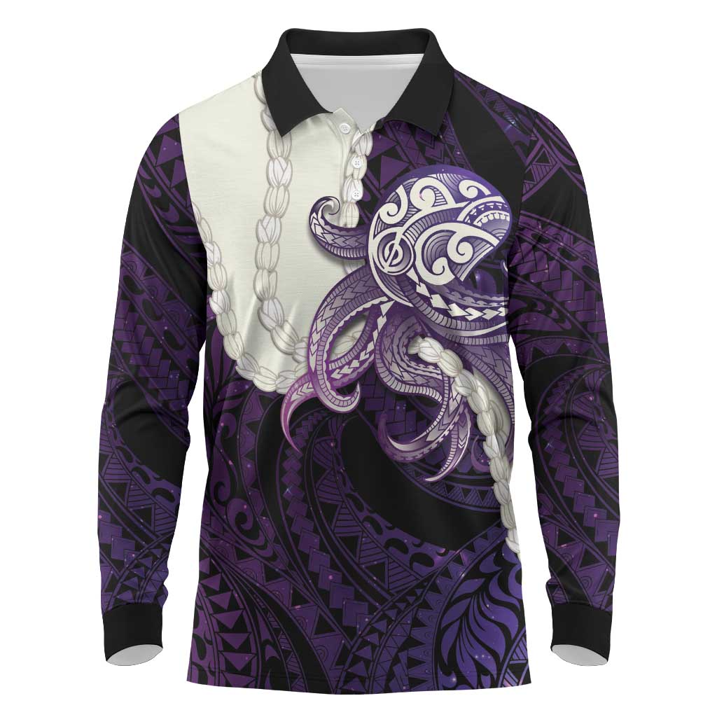 Purple Galaxy Polynesia Tribal Octopus Tattoo Long Sleeve Polo Shirt Pikake Lei Polynesian Pattern