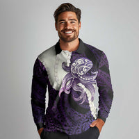 Purple Galaxy Polynesia Tribal Octopus Tattoo Long Sleeve Polo Shirt Pikake Lei Polynesian Pattern