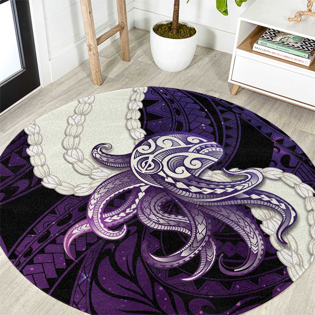 Purple Galaxy Polynesia Tribal Octopus Tattoo Round Carpet Pikake Lei Polynesian Pattern
