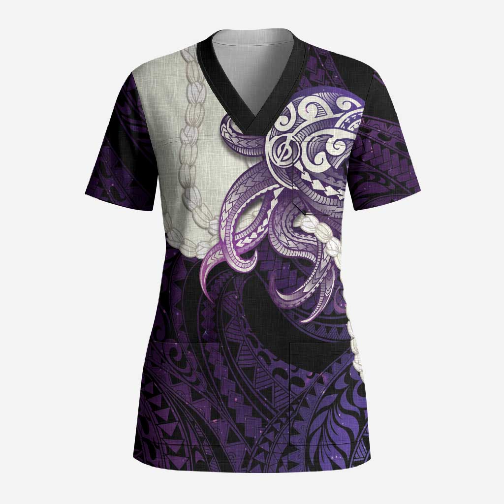 Purple Galaxy Polynesia Tribal Octopus Tattoo Scrub Top Pikake Lei Polynesian Pattern