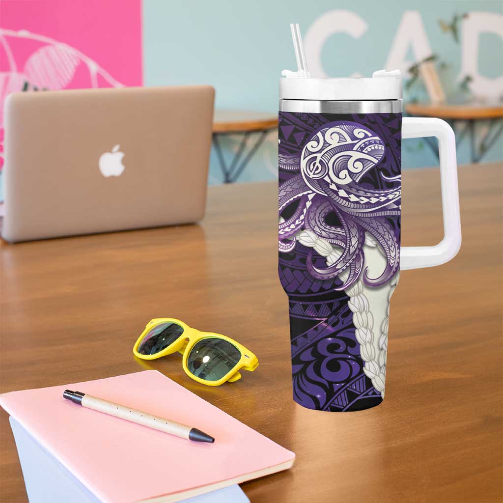 Purple Galaxy Polynesia Tribal Octopus Tattoo Tumbler With Handle Pikake Lei Polynesian Pattern