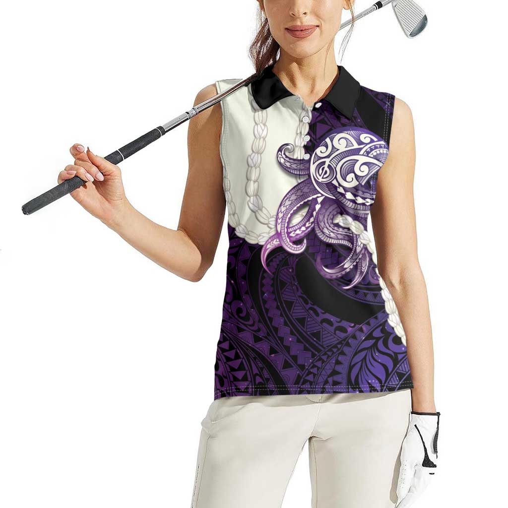 Purple Galaxy Polynesia Tribal Octopus Tattoo Women Sleeveless Polo Shirt Pikake Lei Polynesian Pattern