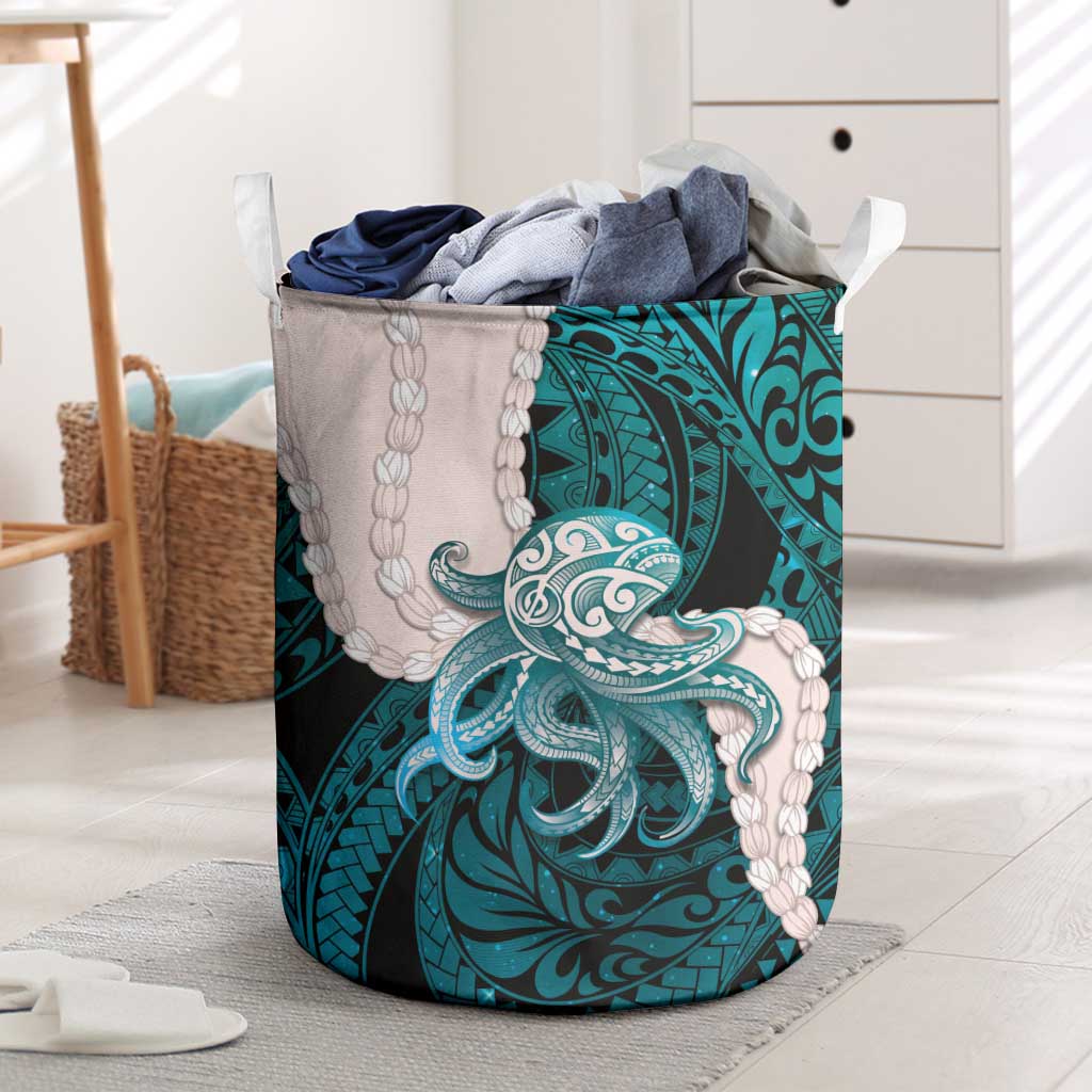 Teal Galaxy Polynesia Tribal Octopus Tattoo Laundry Basket Pikake Lei Polynesian Pattern