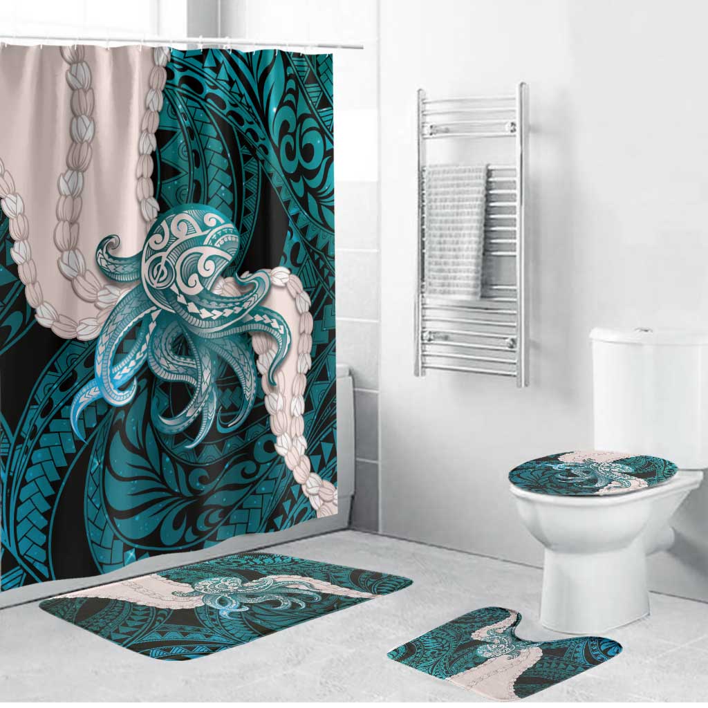Teal Galaxy Polynesia Tribal Octopus Tattoo Bathroom Set Pikake Lei Polynesian Pattern