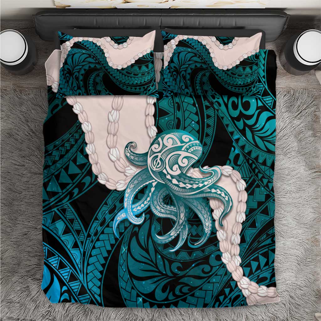 Teal Galaxy Polynesia Tribal Octopus Tattoo Bedding Set Pikake Lei Polynesian Pattern