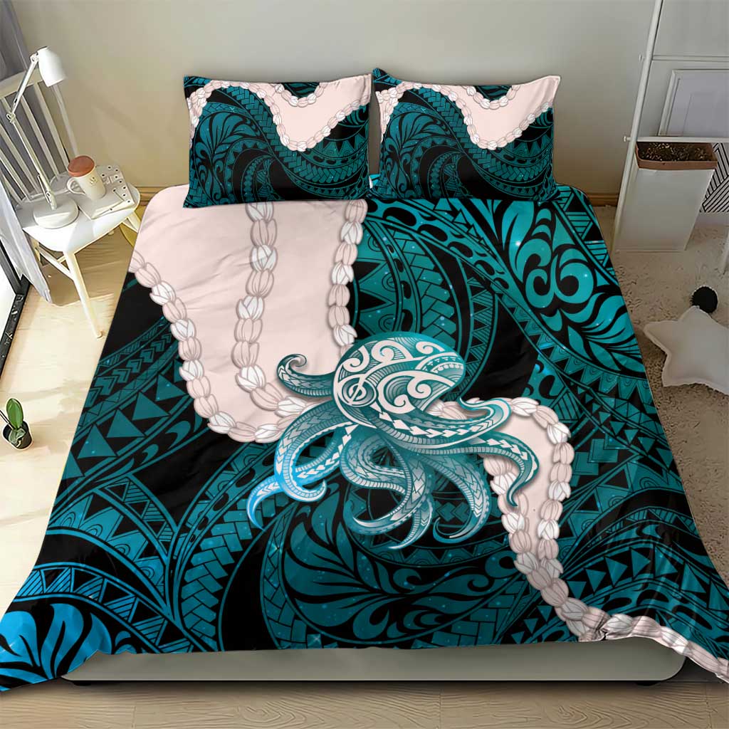 Teal Galaxy Polynesia Tribal Octopus Tattoo Bedding Set Pikake Lei Polynesian Pattern