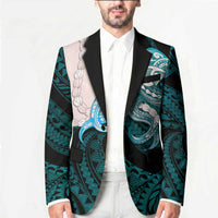 Teal Galaxy Polynesia Tribal Octopus Tattoo Blazer Pikake Lei Polynesian Pattern