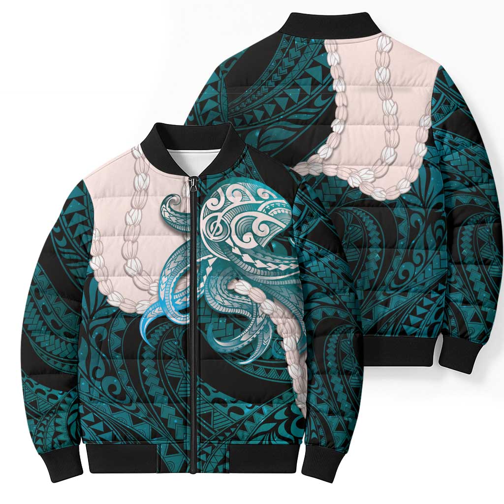 Teal Galaxy Polynesia Tribal Octopus Tattoo Bomber Puffer Jacket Pikake Lei Polynesian Pattern