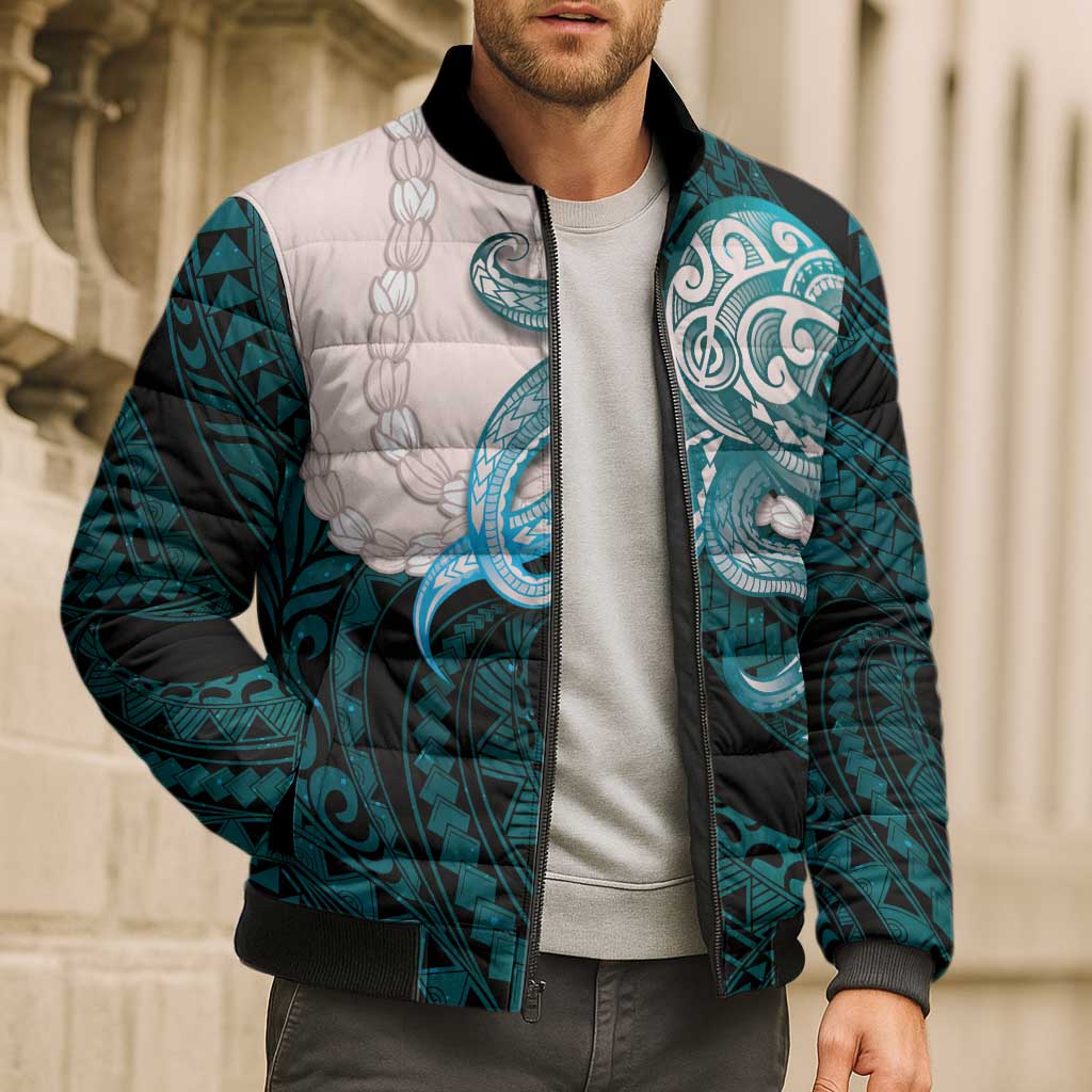 Teal Galaxy Polynesia Tribal Octopus Tattoo Bomber Puffer Jacket Pikake Lei Polynesian Pattern