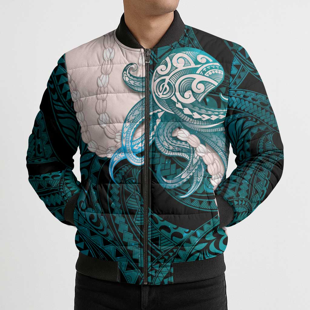 Teal Galaxy Polynesia Tribal Octopus Tattoo Bomber Puffer Jacket Pikake Lei Polynesian Pattern