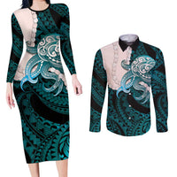 Teal Galaxy Polynesia Tribal Octopus Tattoo Couples Matching Long Sleeve Bodycon Dress and Long Sleeve Button Shirt Pikake Lei Polynesian Pattern