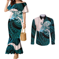 Teal Galaxy Polynesia Tribal Octopus Tattoo Couples Matching Mermaid Dress and Long Sleeve Button Shirt Pikake Lei Polynesian Pattern