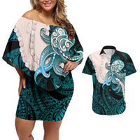 Teal Galaxy Polynesia Tribal Octopus Tattoo Couples Matching Off Shoulder Short Dress and Hawaiian Shirt Pikake Lei Polynesian Pattern