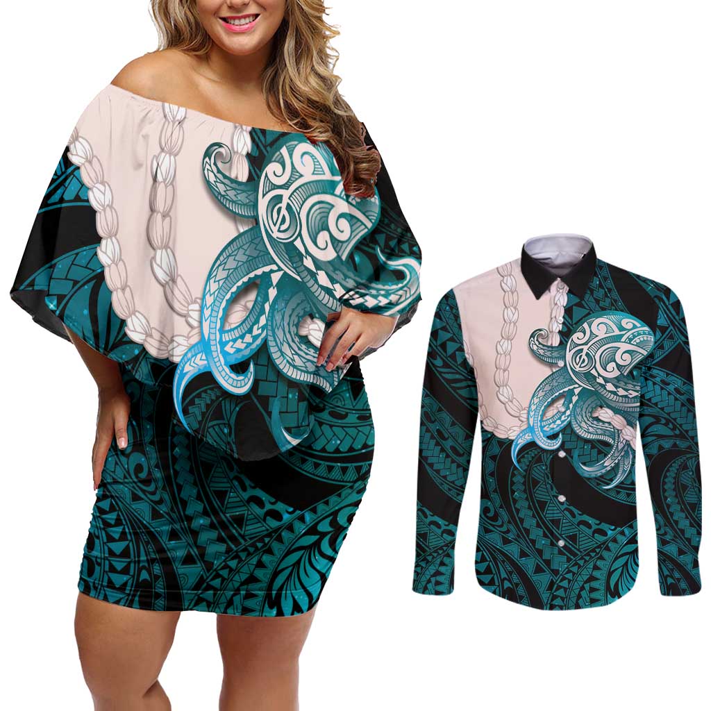 Teal Galaxy Polynesia Tribal Octopus Tattoo Couples Matching Off Shoulder Short Dress and Long Sleeve Button Shirt Pikake Lei Polynesian Pattern