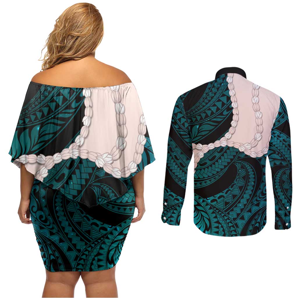 Teal Galaxy Polynesia Tribal Octopus Tattoo Couples Matching Off Shoulder Short Dress and Long Sleeve Button Shirt Pikake Lei Polynesian Pattern